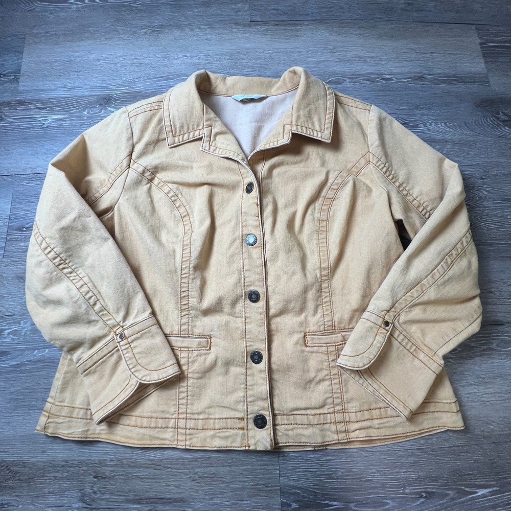CJ Banks Denim Jacket Womens 1X Mustard Yellow Stretch Button Front Utility Coat